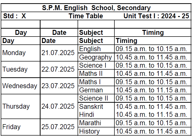 10th timetable
